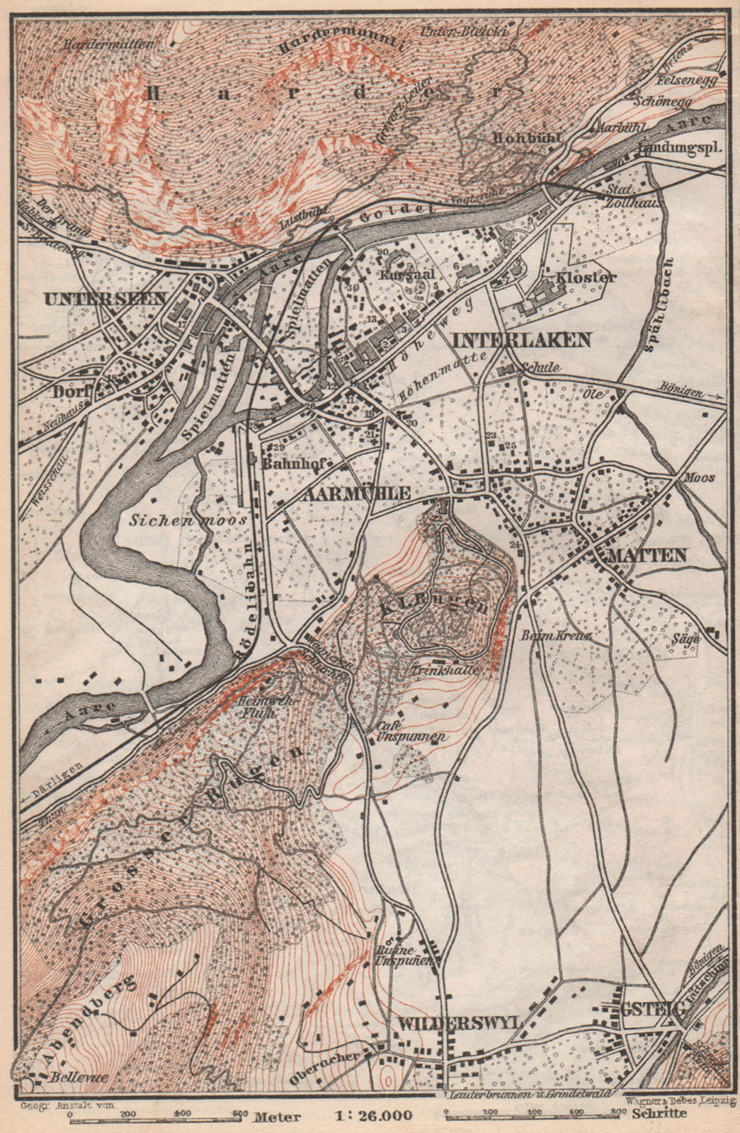 INTERLAKEN ENVIRONS. Unterseen Matten Aarmuhle Wilderswyl. Schweiz 1889 map